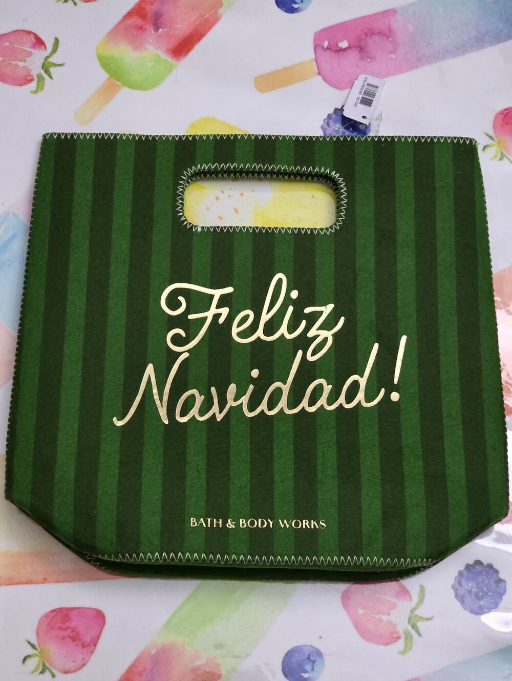 Bath Body Works Green Striped 'Feliz Navidad' Mini Gift Bag with Gold Lettering